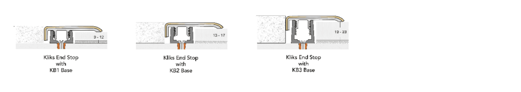 Kliks End Stop Profiles shown with Bases KB1, KB2 & KB3.