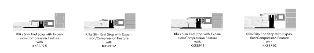 Kliks Slim End Stop with Expansion/Compression Feature shown with bases KKSBP9.5, KKSBP12, KKSBP15, KKSBP20.