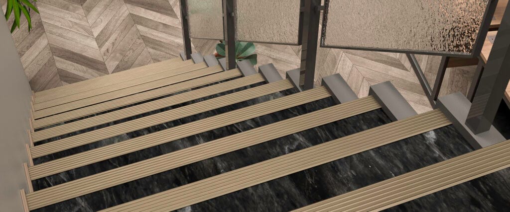 BN8 Antique Brass with BTI49.5 Antique Brass installed on a staircase.