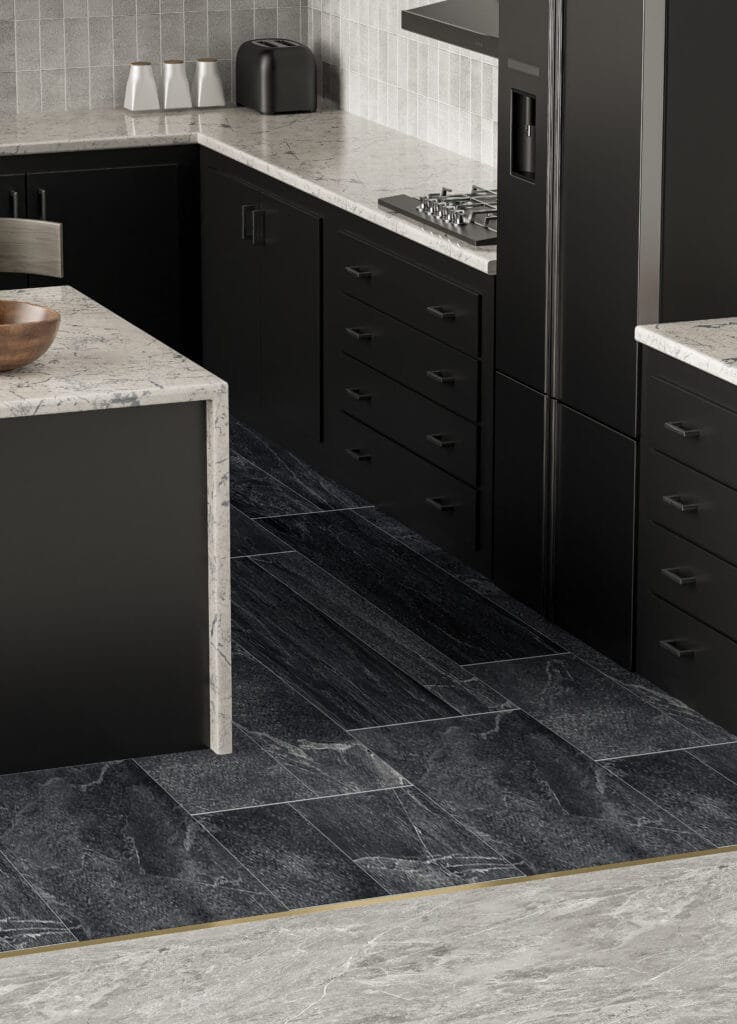 Example of a BFA 15/15 in Polished Brass installed in a Kitchen between stone and ceramic flooring.