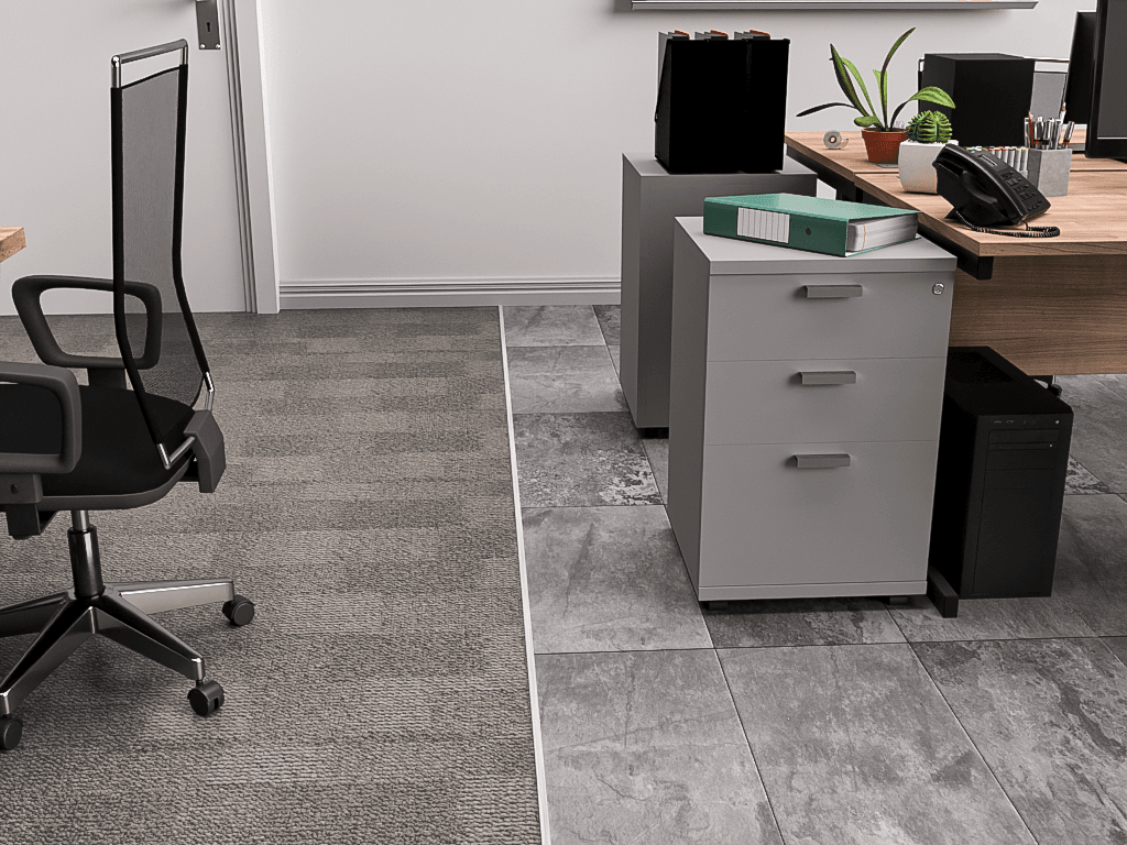 Example of a CAP IT Designer Satin Floor Trims installed between Carpet & Ceramic Tile.