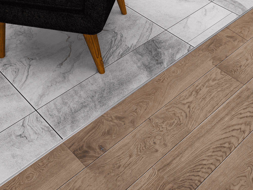 Example of Reflex Aluminium Double Grey Expansion Media installed between hard floor coverings.