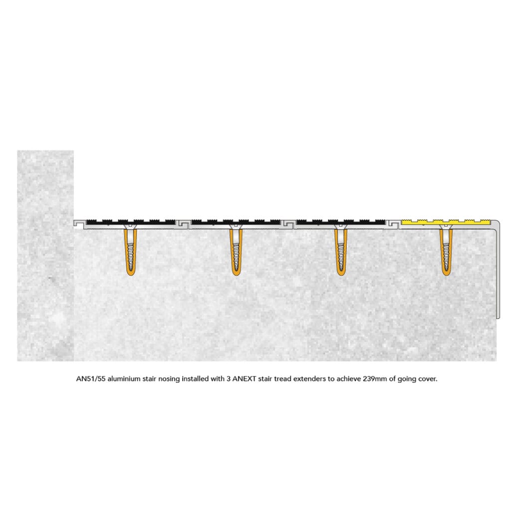AN51/55 Aluminium Stair Nosing Installed with 3 ANEXT Tread Extenders to achieve 239 of going cover.