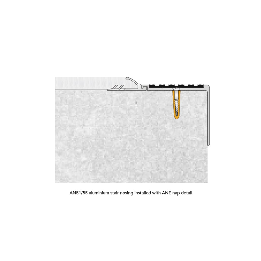 AN51/55 Aluminium Stair Nosing Installed with ANE Nap Detail.