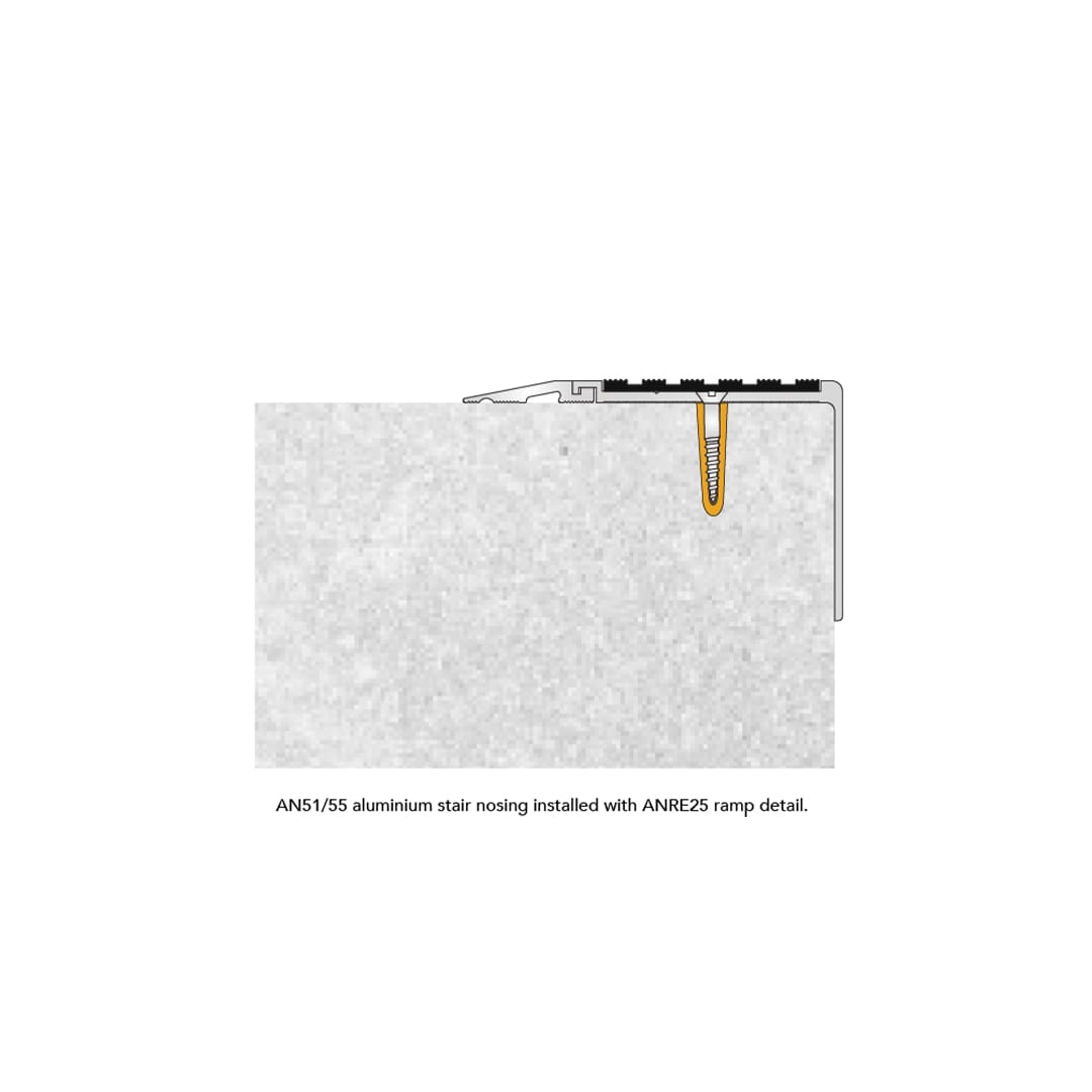 AN51/55 Aluminium Stair Nosing Installed with ANRE25 Ramp Detail.