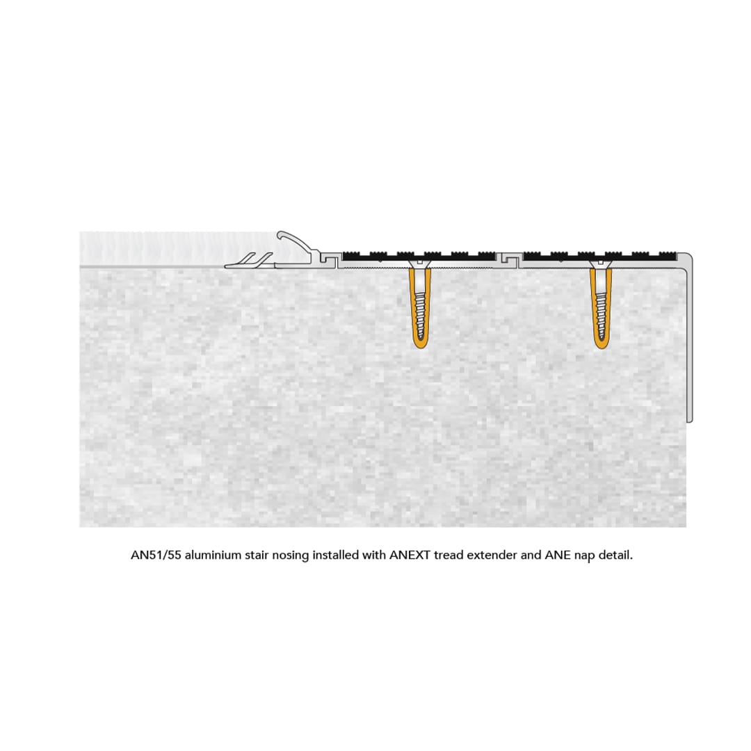 AN51/55 Aluminium Stair Nosing Installed with ANEXT Tread Extender and ANE Nap Detail.