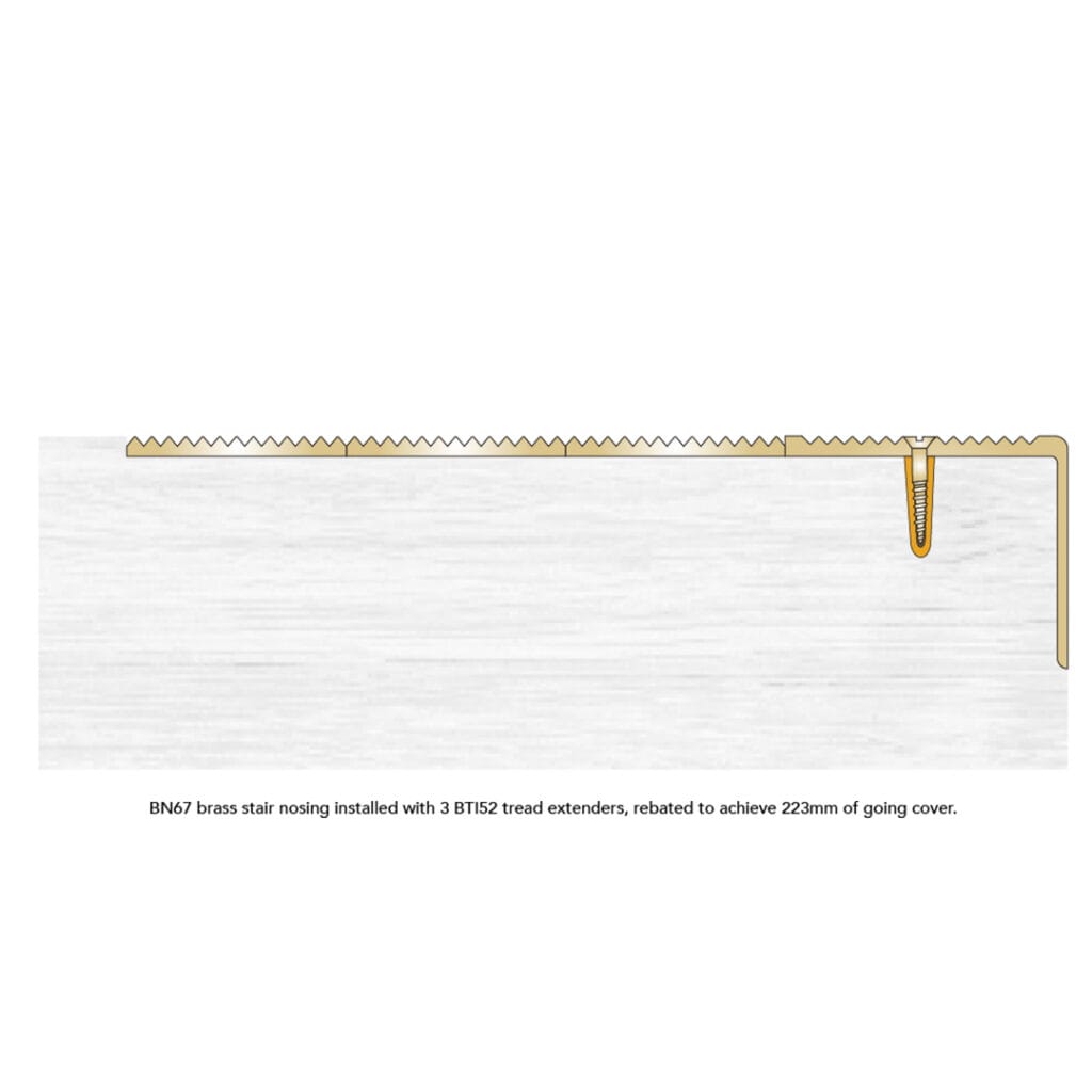 BN67 Brass Stair Nosing Installed with 3 BTI52 Tread Extenders, rebated to achieve 223mm of going cover.