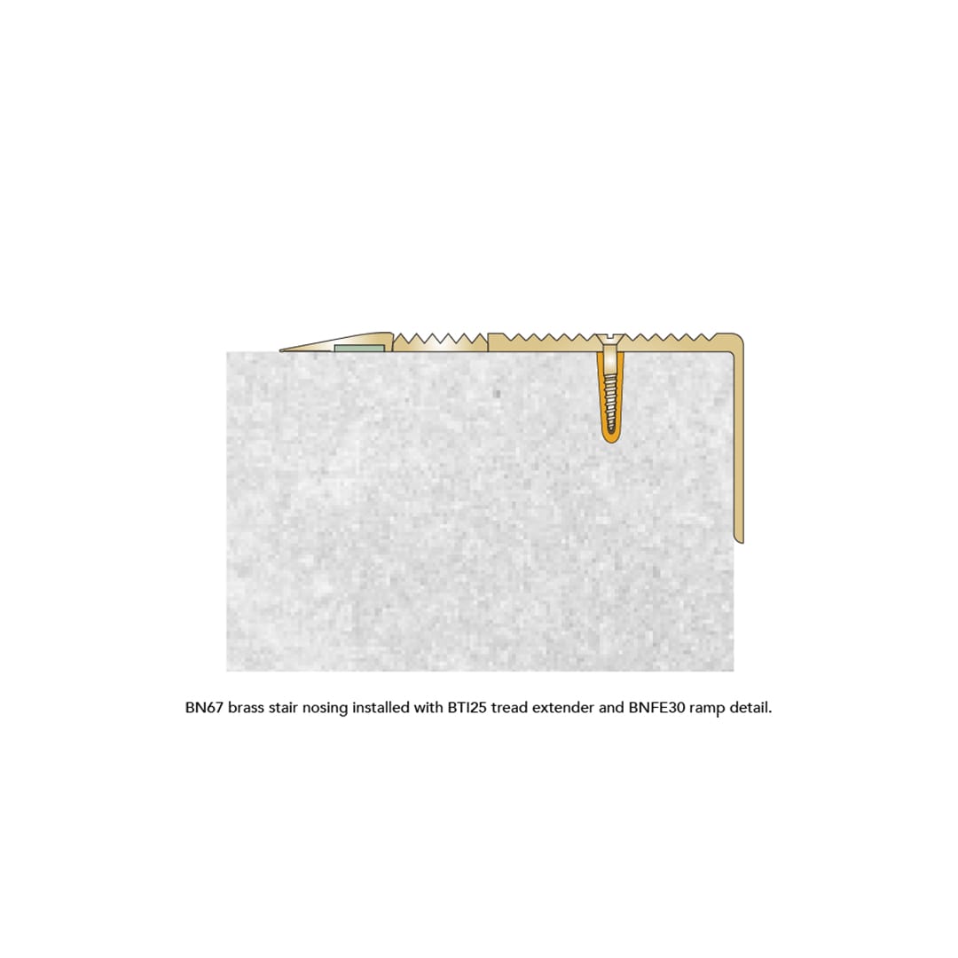 BN67 Brass Stair Nosing Installed with BBTI25 Tread Extender and BNFE30 Ramp Detail.