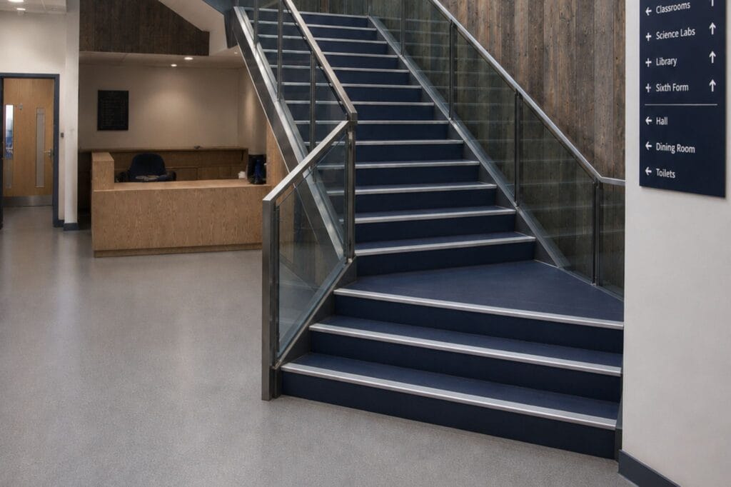 Stair Nosings on a navy blue stair case in a UK Secondary school